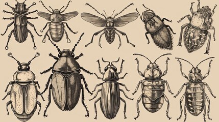 Assortment of hand drawn insects, including beetles. Unique and artistic collection. Generative AI