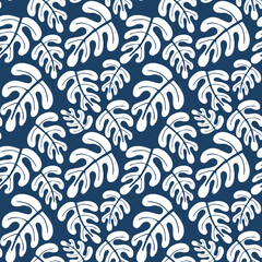Exotic leaves seamless pattern. White plant on navy blue background. Hawaiian shirt design. Monochrome vector illustration.	
