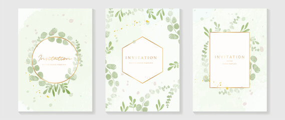 Luxury wedding invitation card background vector. Elegant watercolor texture in plant, leaf, gold border. Spring floral design illustration for wedding and vip cover template, banner, invite.