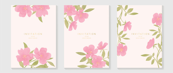 Luxury wedding invitation card background vector. Elegant watercolor texture in plants, pink flower, leaf. Spring floral design illustration for wedding and vip cover template, banner, invite.