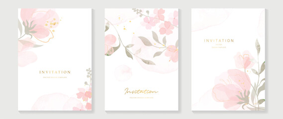 Luxury wedding invitation card background vector. Elegant watercolor texture in pink flower, leaf, gold line. Spring floral design illustration for wedding and vip cover template, banner, invite.