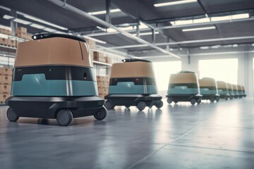 Automated retail warehouse AGV Robots delivering cardboard boxes in distribution logistics center