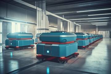 Automated retail warehouse AGV Robots delivering cardboard boxes in distribution logistics center