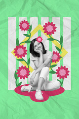Creative banner vivid collage of charming pretty young lady enjoying spring garden growing surreal flowers