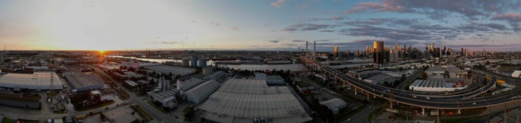 Panorama view of modern buildings at sunset in Melbourne, Australia