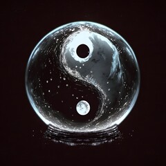 A clear glass ball with the word yin yang on it.