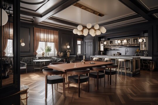 modern dining room with a spacious wooden table and sleek black chairs. Generative AI