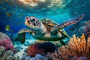 Fototapeta na wymiar Sea turtle swimming under sea, created with generative AI