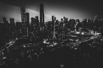 Aerial view of cityscape Melbourne surrounded by buildings in black and white