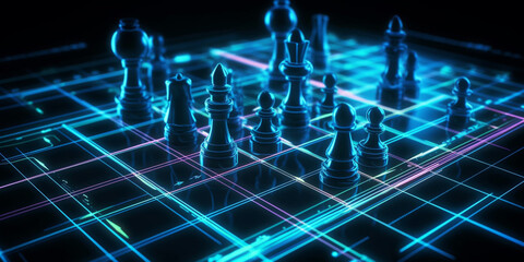 Concept of Strategy business ideas for Innovation planing and planing idea chess competition,futuristic graphic icon and gold chess board game black color tone with financial stock line background Gen