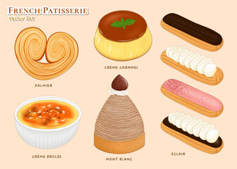 set of French dessert and pastry including palmier, creme brulee, eclair, mont blanc, flan