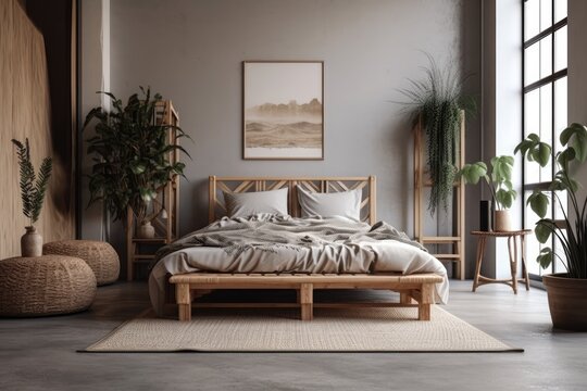 Loft apartment bedroom with wooden bed, empty wall mockup,. Generative AI
