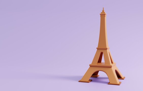 Travel Paris, French Background.  Eiffel tower isolated on purple background. 3D Render Illustration.