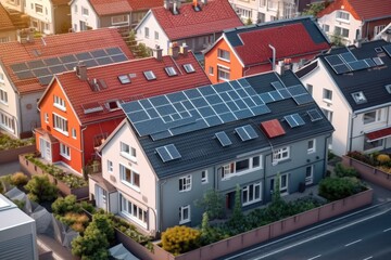Drone view on suburb houses with  solar panels on the rooftop