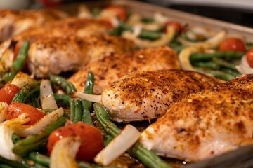 Closeup shot of baked chicken with vegetables