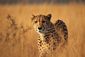 Cheetah stalking for prey on savanna, generative AI