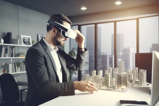 Professional male architect wearing augmented Reality headset work with 3D city model hologram