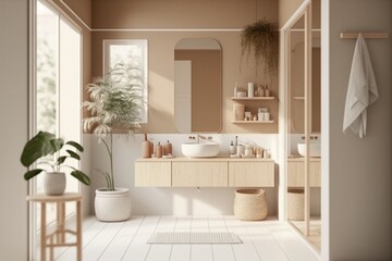 Modern beige bathroom interior in japandi style. AI generated