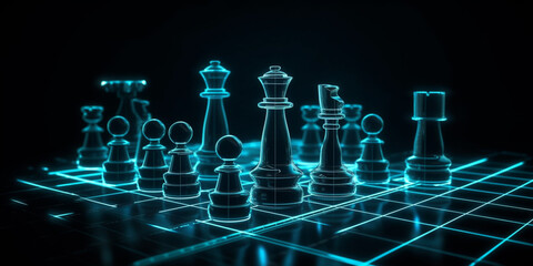 Concept of Strategy business ideas for Innovation planing and planing idea chess competition,futuristic graphic icon and gold chess board game black color tone with financial stock line background Gen - obrazy, fototapety, plakaty