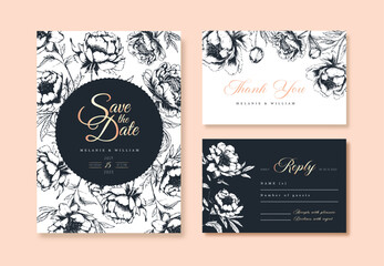 Wedding invitations cards and cover. Decoration with garden flowers roses. Floral vector illustration set. Vintage engraving. Oriental style. Templates with print of gold foil on black background.