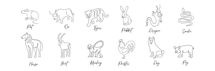 Fototapeta na wymiar Chinese Zodiac symbols signs horoscope set in line art style isolated on white
