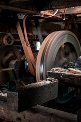 Vertical of an old factory in an old Canadian village in  Quebec with many equipment and tools