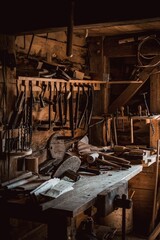 Vertical shot of old tools of carpenter workshop on wooden table