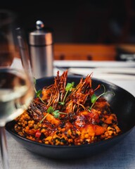 Close up of a healthy seafood dish in a black bowl on a table and blurred background
