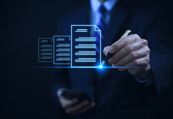 Businessman managing electronic documents on a smartphone.	
