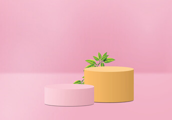 Pink Podium Background with green leaves. vector podium Background for product showcase