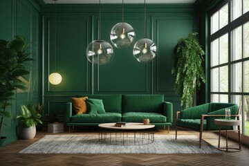 Green interior with couches and furnishings. illustration mockup. Generative AI