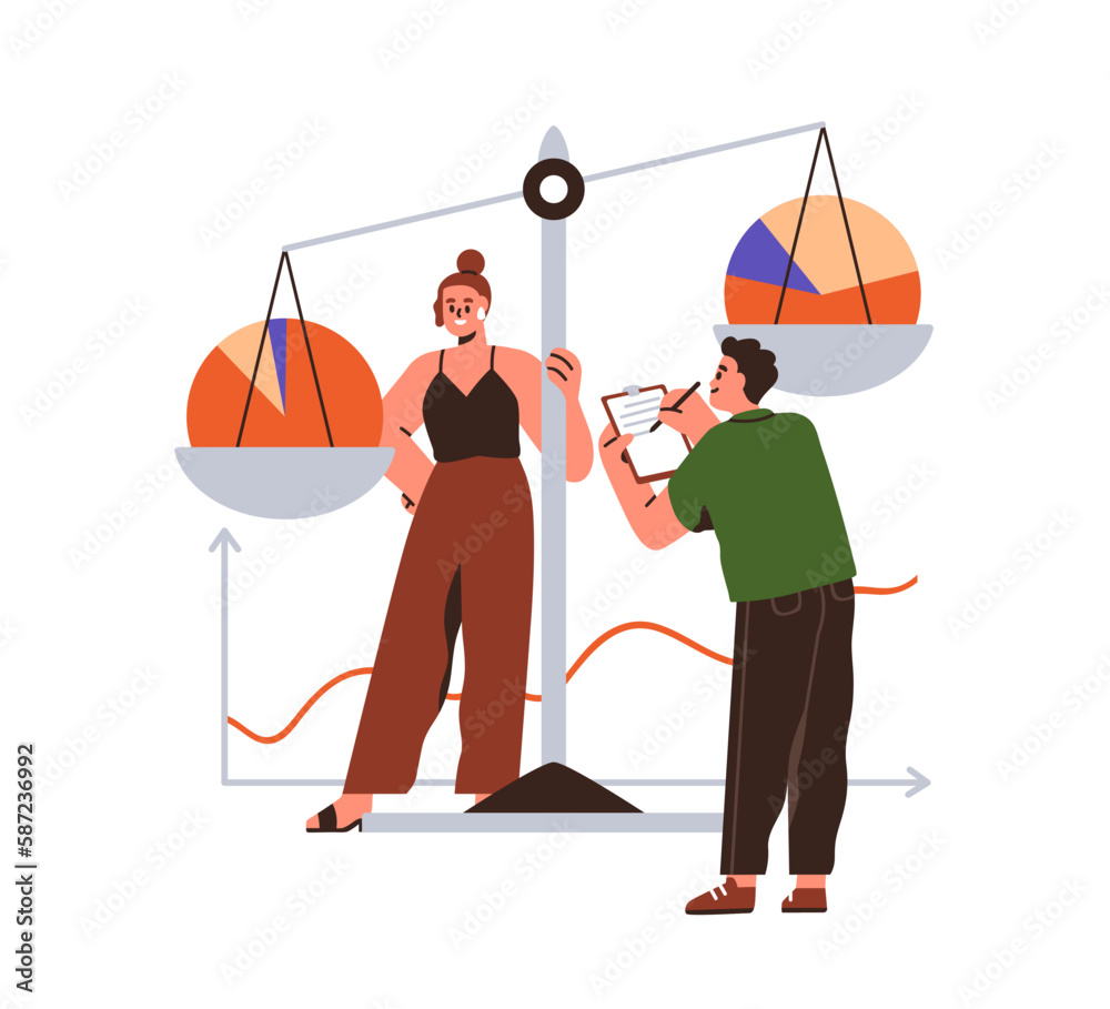 Poster Benchmarking, business performance analysis and comparison, measurement concept. Experts comparing information, data evaluation with diagrams. Flat vector illustration isolated on white background