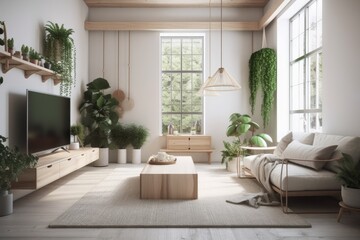 Fototapeta na wymiar Scandinavian minimalism. Bright studio living room. Comfortable design with huge modular couch, wooden light, TV, and green plants. Generative AI
