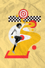 Creative colorful drawing collage of purposeful young business person run fast excellent work opportunity reach finish line