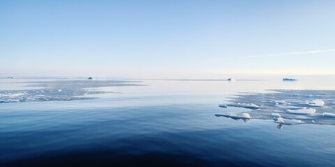 Obraz premium Winter sea landscape with floating ice fragments on still cold water. Generative AI