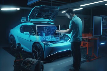 In automotive innovation facility automobile design engineer working on 3D holographic model projection of electric car