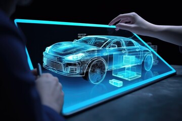 Obraz na płótnie Canvas In automotive innovation facility automobile design engineer working on 3D holographic model projection of electric car