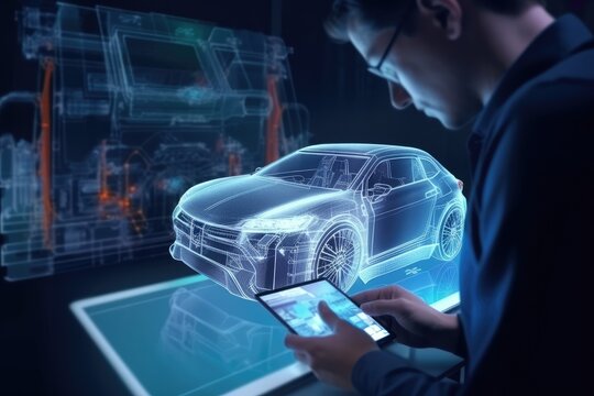 In automotive innovation facility automobile design engineer working on 3D holographic model projection of electric car
