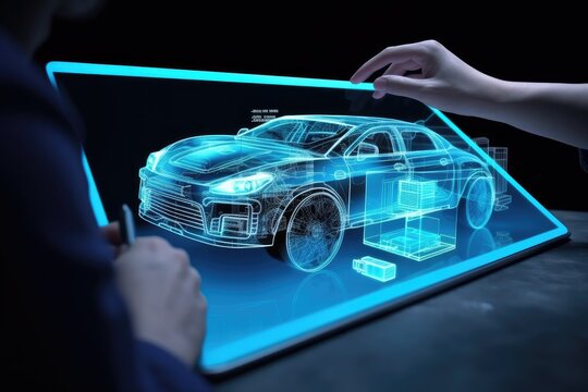 In automotive innovation facility automobile design engineer working on 3D holographic model projection of electric car