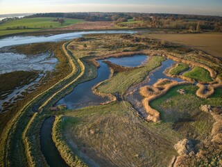 Aerial view of the Levington pond created by the floods in 1953 in Suffolk, England