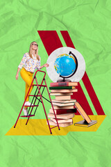 Vertical collage picture of black white colors girl climb ladder pile stack book planet earth globe isolated on green background