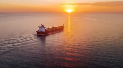 Obraz premium Aerial image of huge fuel tanker ship in the sea on sunset. Generative AI