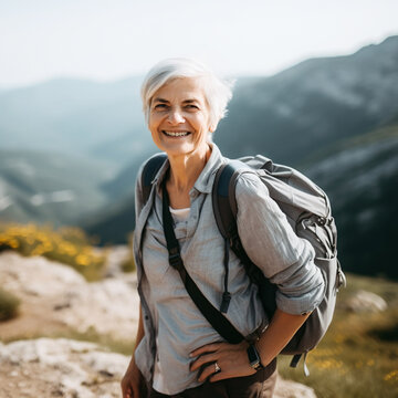 Active Mature woman walking or hiking outdoors, AI generated