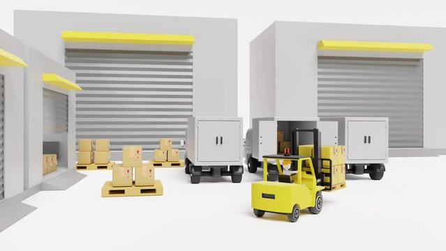 building warehouse with forklift for import export, goods cardboard box, pallet, truck isolated on white background. logistic service concept, 3d animation, alpha matters