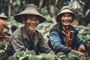 Smiling Chinese, Vietnamese or Far East village people planting rice in a field. Created with Generative AI technology.
