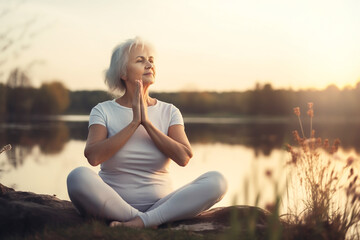 Fototapeta na wymiar Mature woman practicing yoga and meditation outdoor, AI generated
