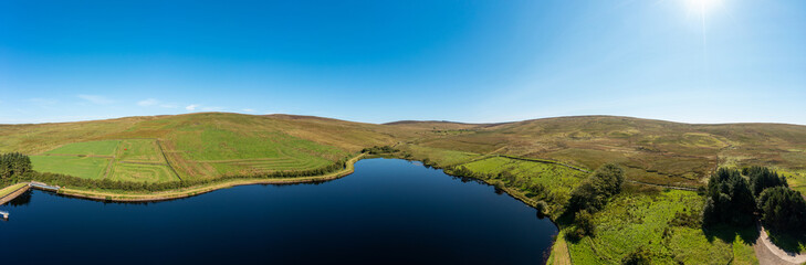 Aerial panorama view of reservoir summer countryside, Northern Ireland 