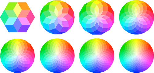 Set of eight radial geometric patterns of increasing complexity, made of diamond shapes and colored with a rainbow color wheel.