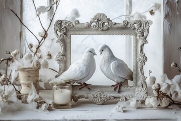 Decorate your home's interior with porcelain figurines of white kissing pigeons birds against a background of hoarfrost covered branches and a photo frame in shabby chic style with a heart facsimile f
