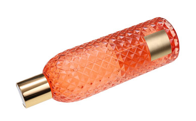 A bottle of pink shower gel lies on a shelf isolated